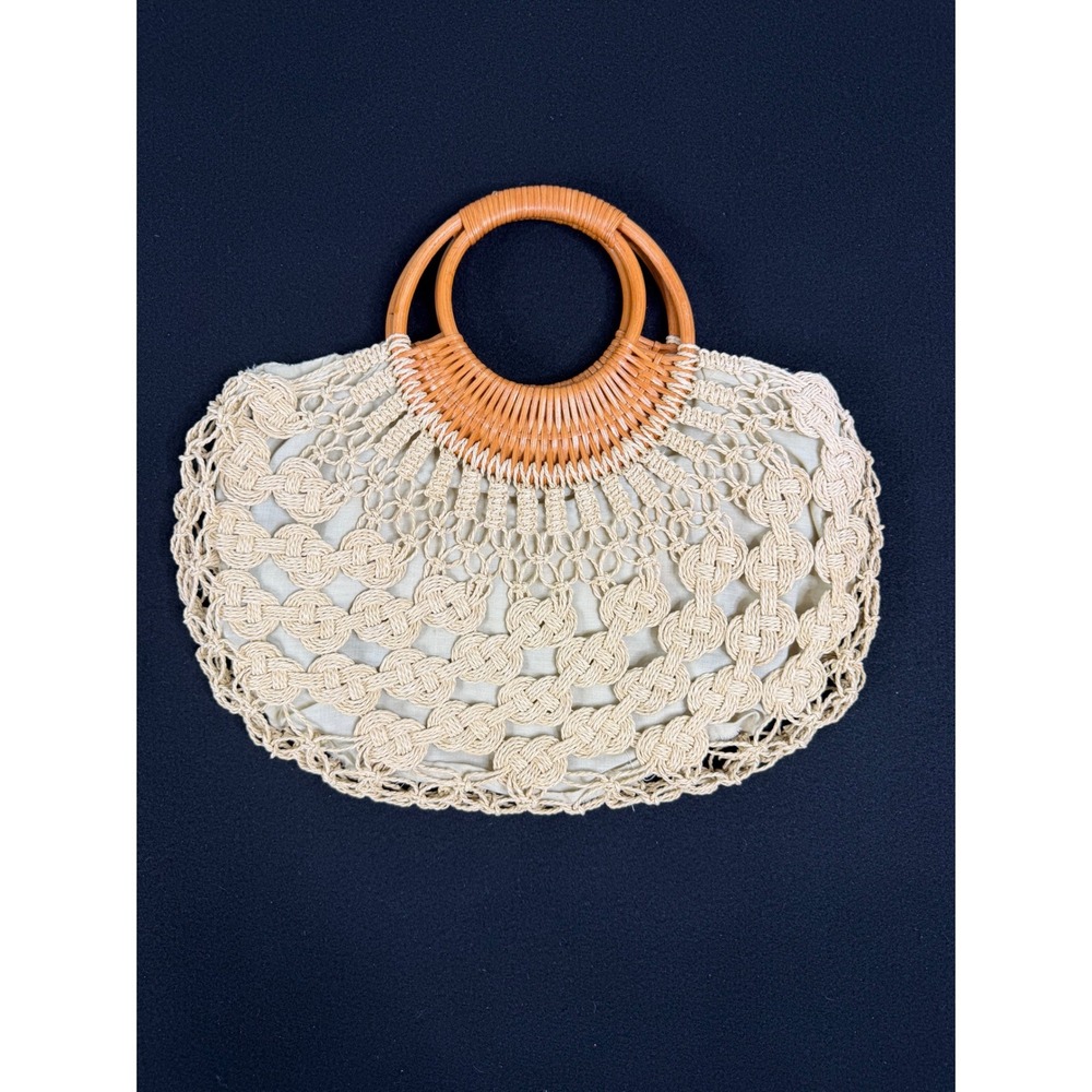 Boho Woven Macrame Handbag Tan Rattan Circle Handle Summer Beach Tote Bag Purse